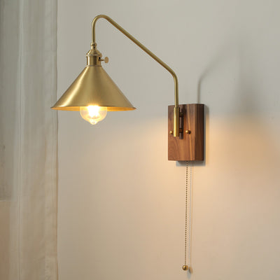 Contemporary Retro Brass Walnut Conic 1-Light Wall Sconce Lamp For Bedside