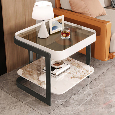 Modern Luxury Square Glass Rock Slab Iron Coffee Table 2-Tier For Living Room