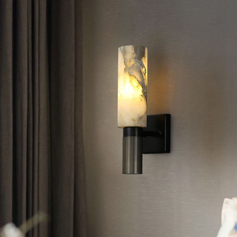 Traditional Chinese Marble Cylinder Brass 1-Light Wall Sconce Lamp For Bedroom