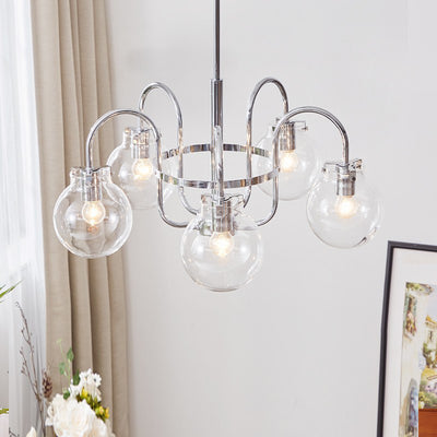 Contemporary Nordic Branch Curved Rod Round Globe Iron Glass 4/5 Light Chandelier For Living Room