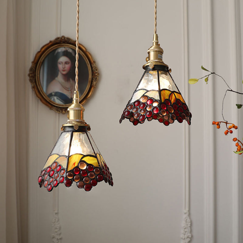 Traditional Vintage Brass Glass Flower Colored Grapes 1-Light Pendant Light For Dining Room