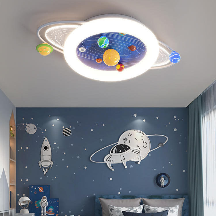 Contemporary Creative Kids Round Planet Acrylic Iron LED Flush Mount Ceiling Light For Bedroom