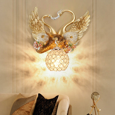 Modern Art Deco Resin Iron Crystal Couple Swan Ball 1-Light Wall Sconce Lamp For Living Room