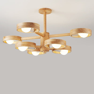 Contemporary Nordic Round Rotatable Rubber Wood 6/8 Light Chandeliers For Living Room