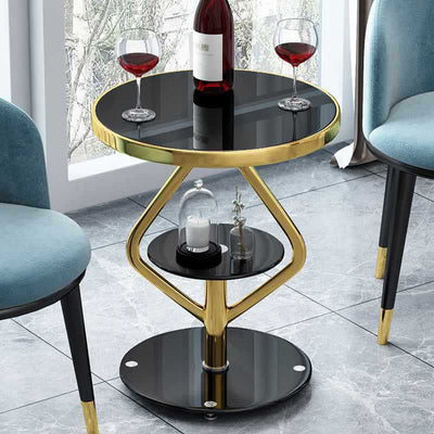 Contemporary Nordic Round Lozenge Glass Stainless Steel End Table 2-Tier For Living Room