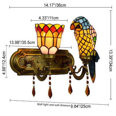 Traditional Tiffany Flower Cup Parrot Iron Alloy Stained Glass 2-Light Wall Sconce Lamp For Living Room