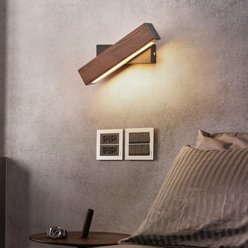 Contemporary Scandinavian Rectangular Solid Wood Iron LED Wall Sconce Lamp For Bedroom