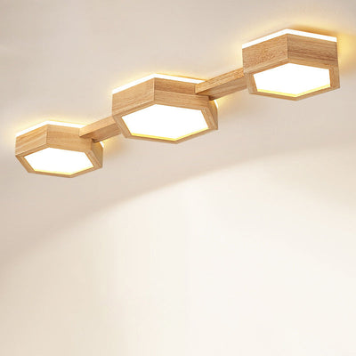 Traditional Japanese Hexagon Wood Acrylic LED Flush Mount Ceiling Light For Living Room