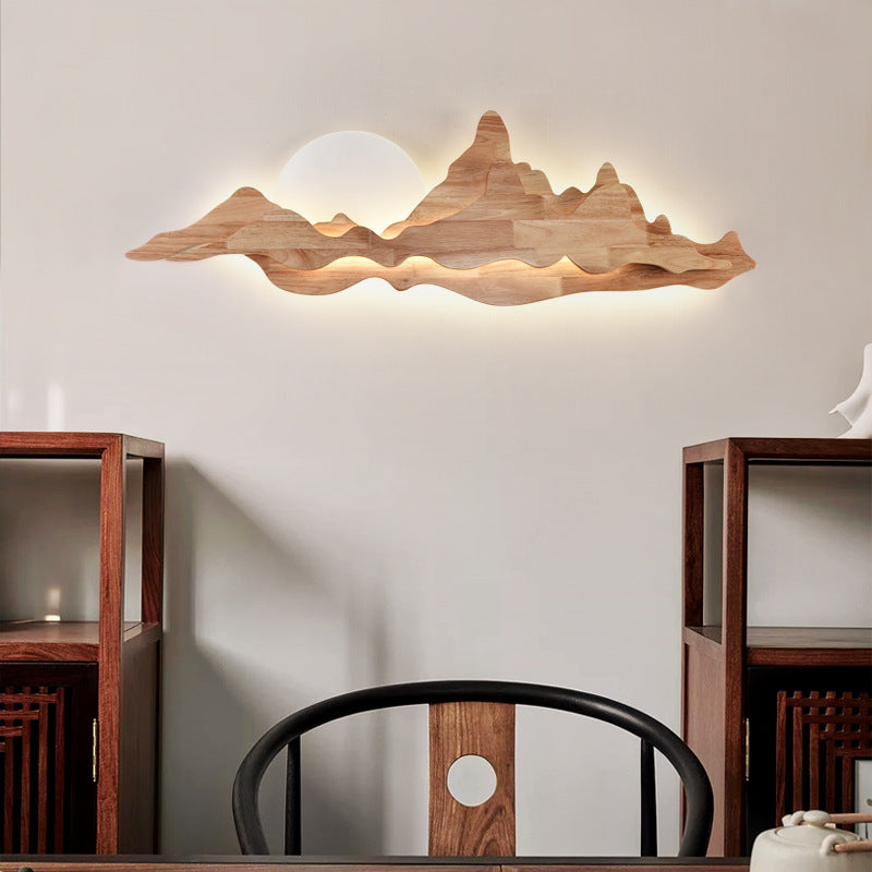 Modern Art Deco Round Mountain Shaped Wood Acrylic LED Wall Sconce Lamp For Living Room