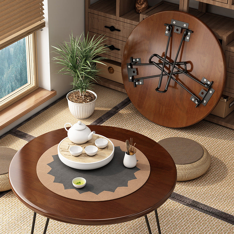 Modern Minimalist Round Wood Iron Coffee Table Foldable For Living Room