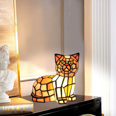 Lampe de table traditionnelle à 1 lumière en forme de chat en vitrail Tiffany pour chambre à coucher