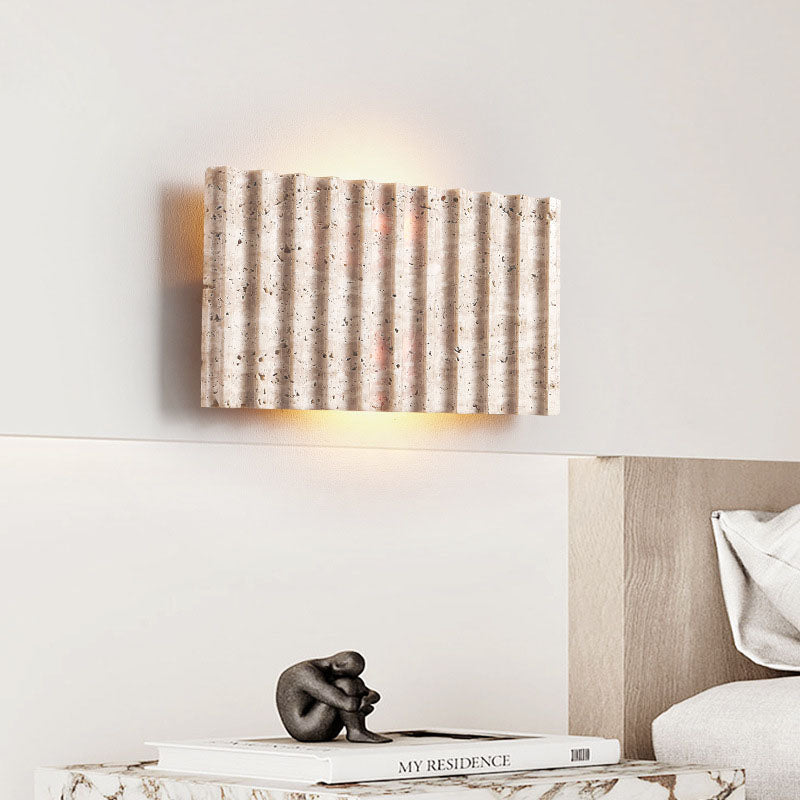 Contemporary Retro Grille Beige Travertine Rectangle 1-Light Wall Sconce Lamp For Bedroom