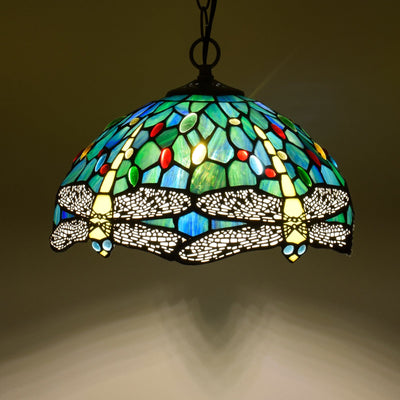 Traditional Tiffany Dragonfly Stained Glass Dome 1-Light Pendant Light For Living Room