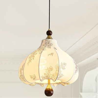 Traditional French Chestnut Print Metal Ash Wood Fabric 3/5 Light Chandeliers For Dining Room