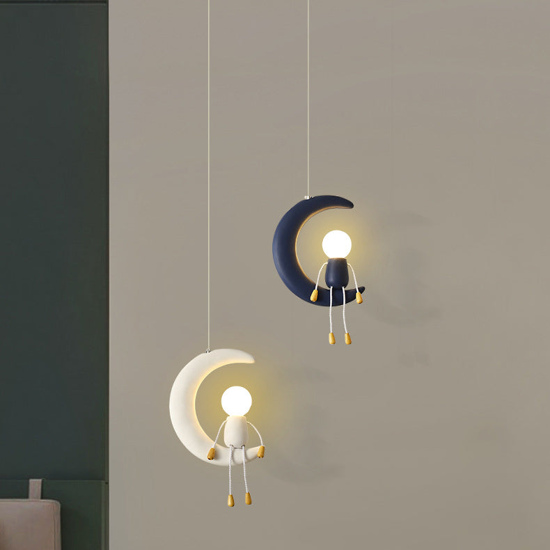 Contemporary Nordic Kids Iron Resin Glass Moon Doll 1-Light Pendant Light For Bedside