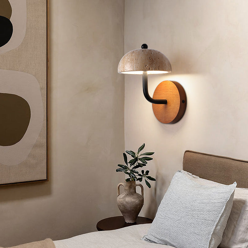 Traditional Japanese Semi-Circular Beige Travertine Wood LED Wall Sconce Lamp For Bedroom