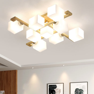 Traditional Japanese Wood Glass Cubic Square 4/5/8/9 Light Semi-Flush Mount Ceiling Light For Living Room