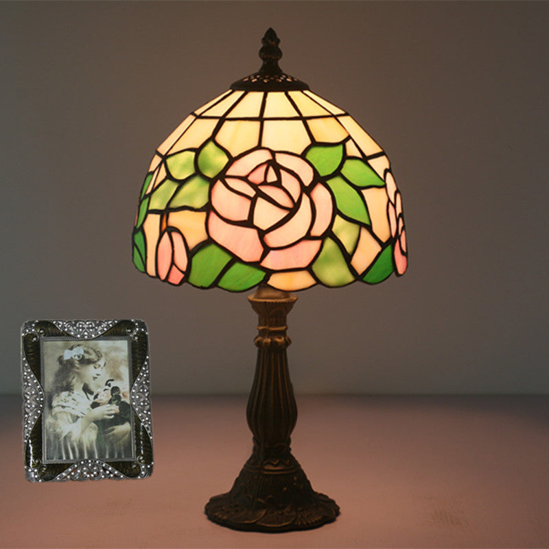 Traditional Tiffany Rose Flower Stained Glass Shade Zinc Alloy Base 1-Light Table Lamp For Study