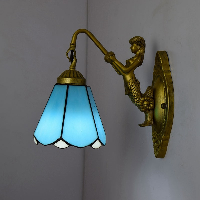 Traditional Tiffany Cone Hardware Stained Glass 1-Light Wall Sconce Lamp For Bedroom