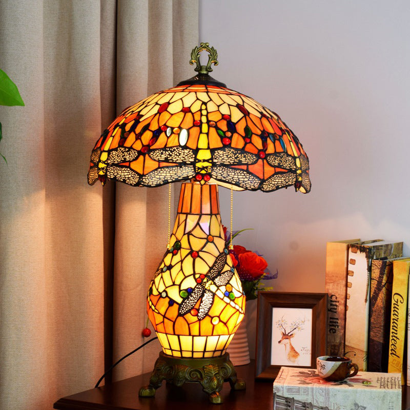 Traditional Tiffany Round Umbrella Shaped Aluminum Stained Glass 3-Light Table Lamp For Bedroom