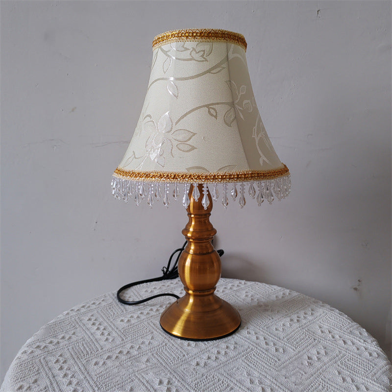 Traditional French Fabric Metal Flower Cylinder Fringe Bead 1-Light Table Lamp For Bedroom