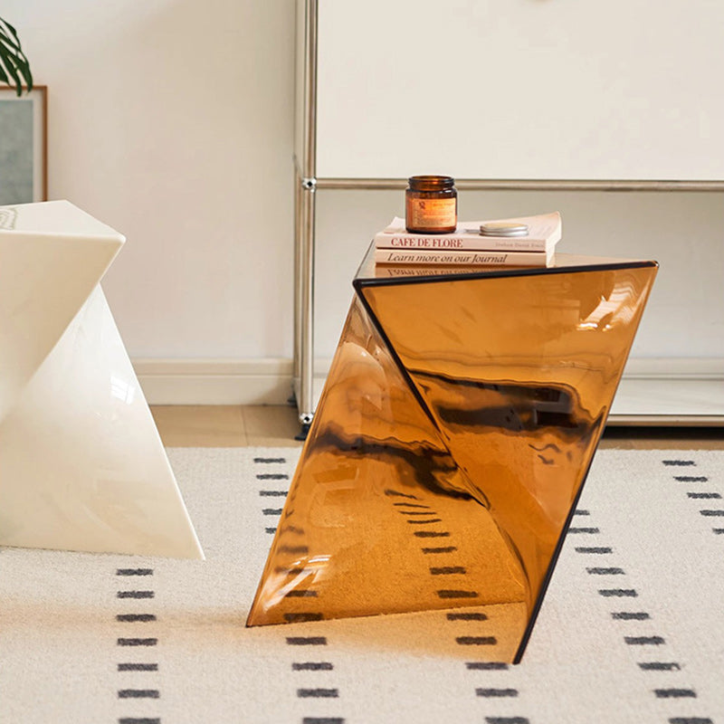 Modern Minimalist Geometric Corner Triangle Marble Glass Wood End Table 1-Tier For Living Room