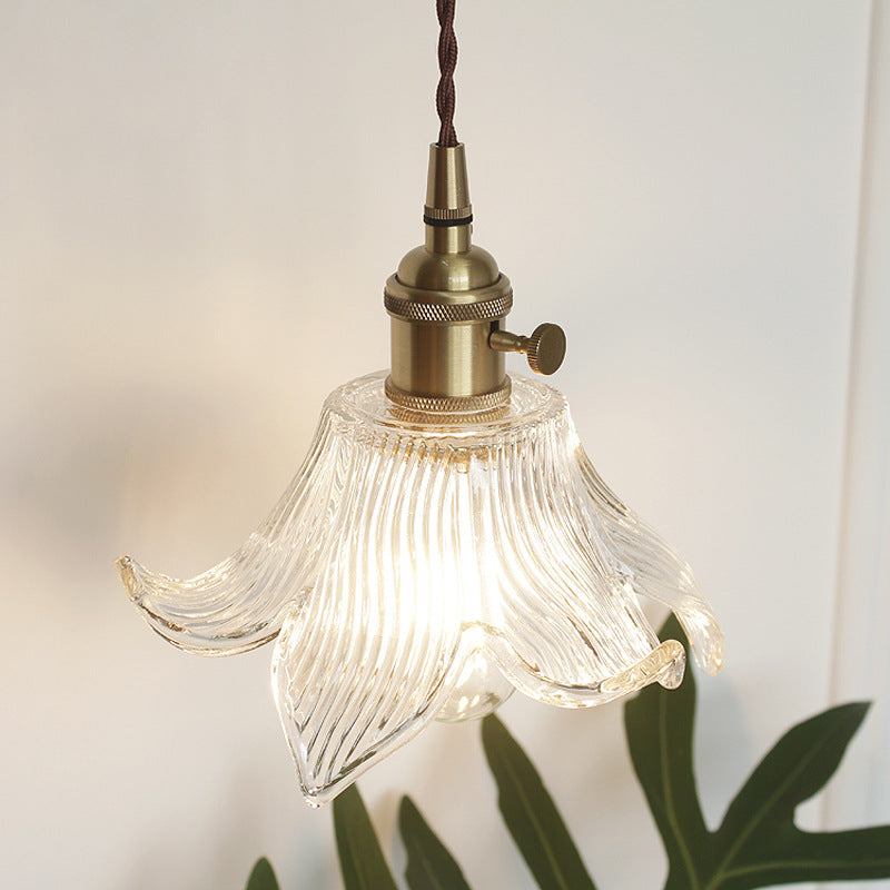 Contemporary Creative Floral Brass Glass 1-Light Pendant Light For Living Room