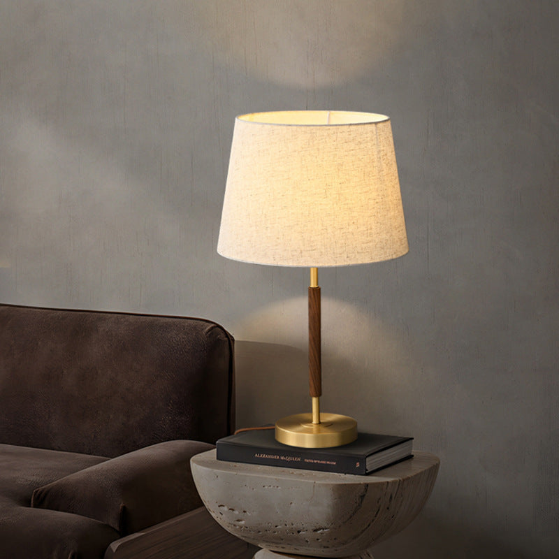 Contemporary Retro Brass Fabric Cylinder 1-Light Table Lamp For Bedside