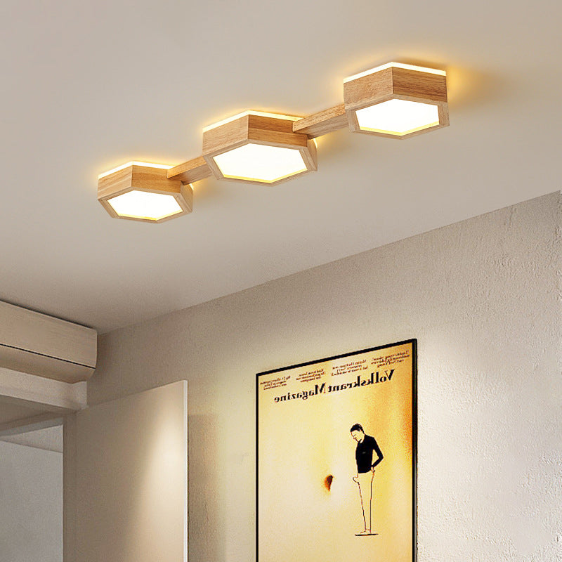 Traditional Japanese Hexagon Wood Acrylic LED Flush Mount Ceiling Light For Living Room