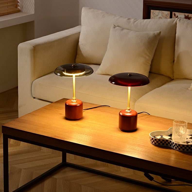 Contemporary Retro Brass Wood Glass Round Cylinder LED Table Lamp For Bedside