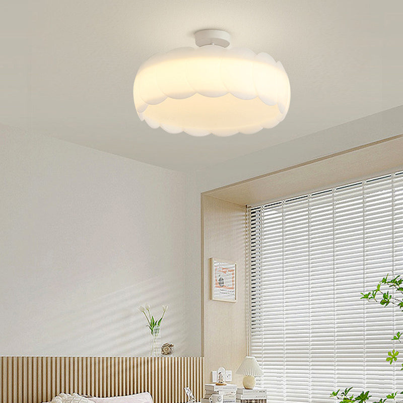 Modern Minimalist Cream Round Lace Hardware PE LED Semi-Flush Mount Ceiling Light For Bedroom