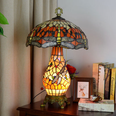 Traditional Tiffany Round Umbrella Shaped Aluminum Stained Glass 3-Light Table Lamp For Bedroom