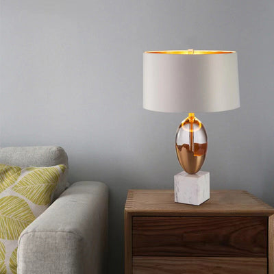 Modern Art Deco Fabric Crystal Marble Base 1-Light Table Lamp For Bedroom