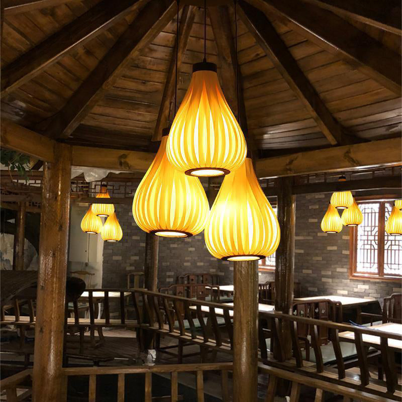 Traditional Japanese Wooden Lantern Shade Iron 1-Light Pendant Light For Dining Room