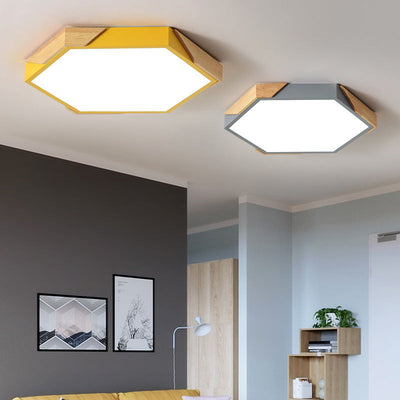 Contemporary Scandinavian Hexagonal Wood Grain Iron LED Flush Mount Ceiling Light For Bedroom