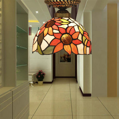 Traditional Tiffany Stained Glass Sunflower Bowl Shape 1-Light Semi-Flush Mount Ceiling Light For Living Room