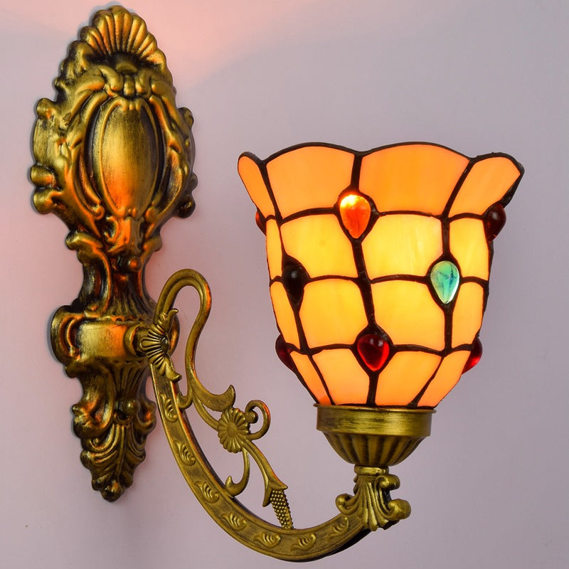 Traditional Tiffany Iron Crystal Stained Glass Flower 1-Light Wall Sconce Lamp For Living Room