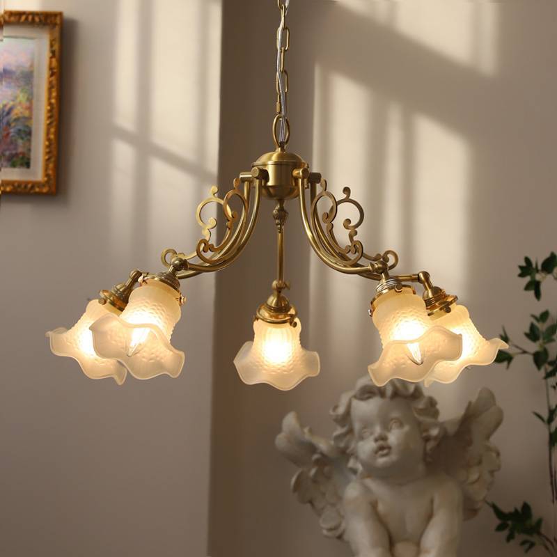 Traditional French Brass Carved Lamp Arm Alabaster Flower Glass 3/5-Light Chandelier For Living Room