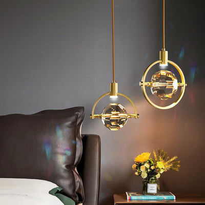 Modern Luxury Full Copper Circle Ring Crystal Ball LED Pendant Light For Living Room