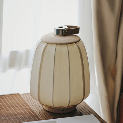 Traditional Japanese Portable Round Lantern Wood Silk Fabric Stainless Steel LED Table Lamp For Living Room