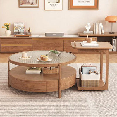 Contemporary Japanese Square Round Glass Wood End Table 2-Tier For Living Room