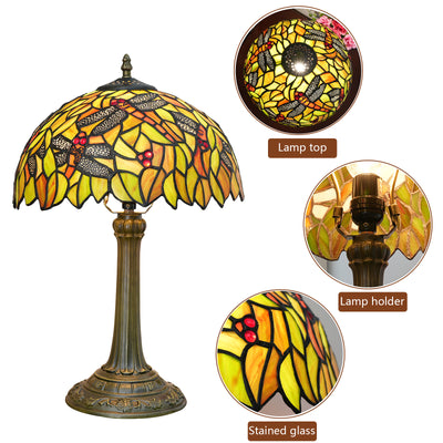 Traditional Tiffany Cylinder Half Round Disc Base Dragonfly Leaf Aluminum Glass 1-Light Table Lamp For Bedroom