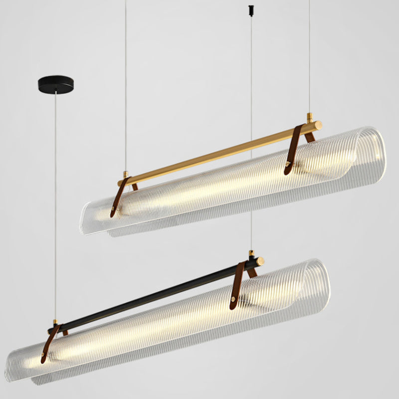 Modern Minimalist Leather Acrylic Linear LED Island Light Pendant Light For Living Room