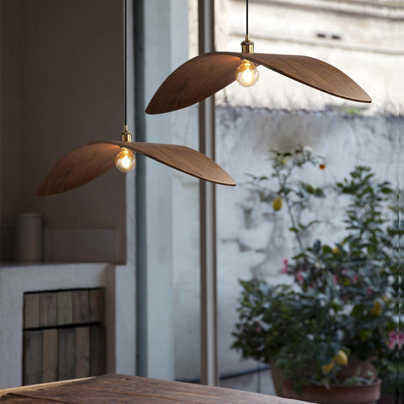 Traditional Japanese Arc Walnut Wood Grain Leaf-Shaped 1-Light Pendant Light For Dining Room