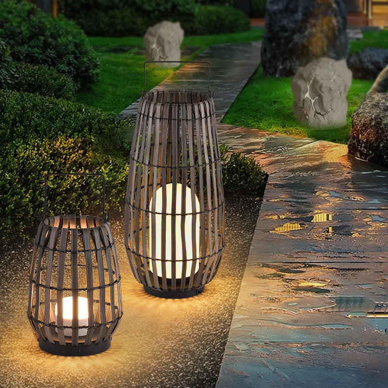 Contemporary Creative Waterproof Solar Cylinder Woven Rattan Iron LED Landscape Lighting Outdoor Light For Garden