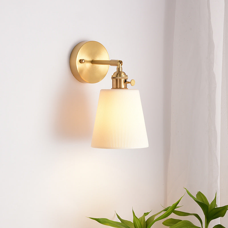 Contemporary Scandinavian Trapezoidal Cup Stripe Ceramic Brass 1-Light Wall Sconce Lamp For Living Room