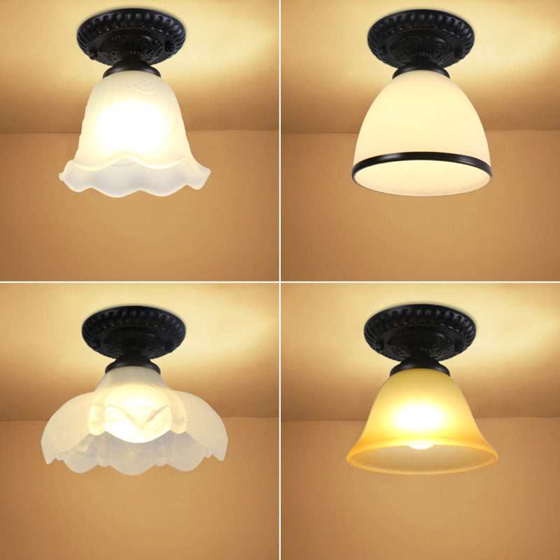 Contemporary Retro Floral Bell Round Iron Glass 1-Light Semi-Flush Mount Ceiling Light For Hallway