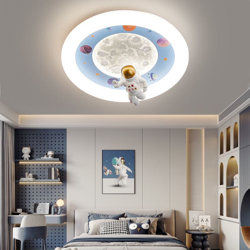 Modern Art Deco Kids Iron Resin Acrylic Round Moon Astronaut LED Flush Mount Ceiling Light For Bedroom