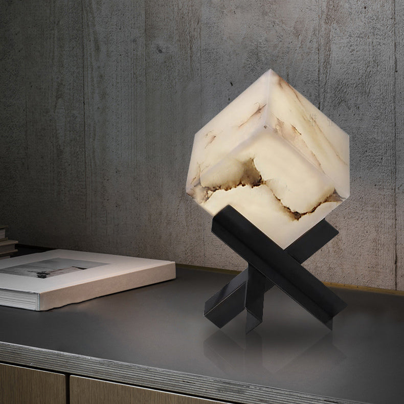 Modern Minimalist Textured Square Stainless Steel Marble 1-Light Table Lamp For Bedroom