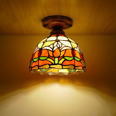 Traditional Tiffany Tulip Stained Glass Iron Dome 1-light Semi-Flush Mount Ceiling Light For Living Room